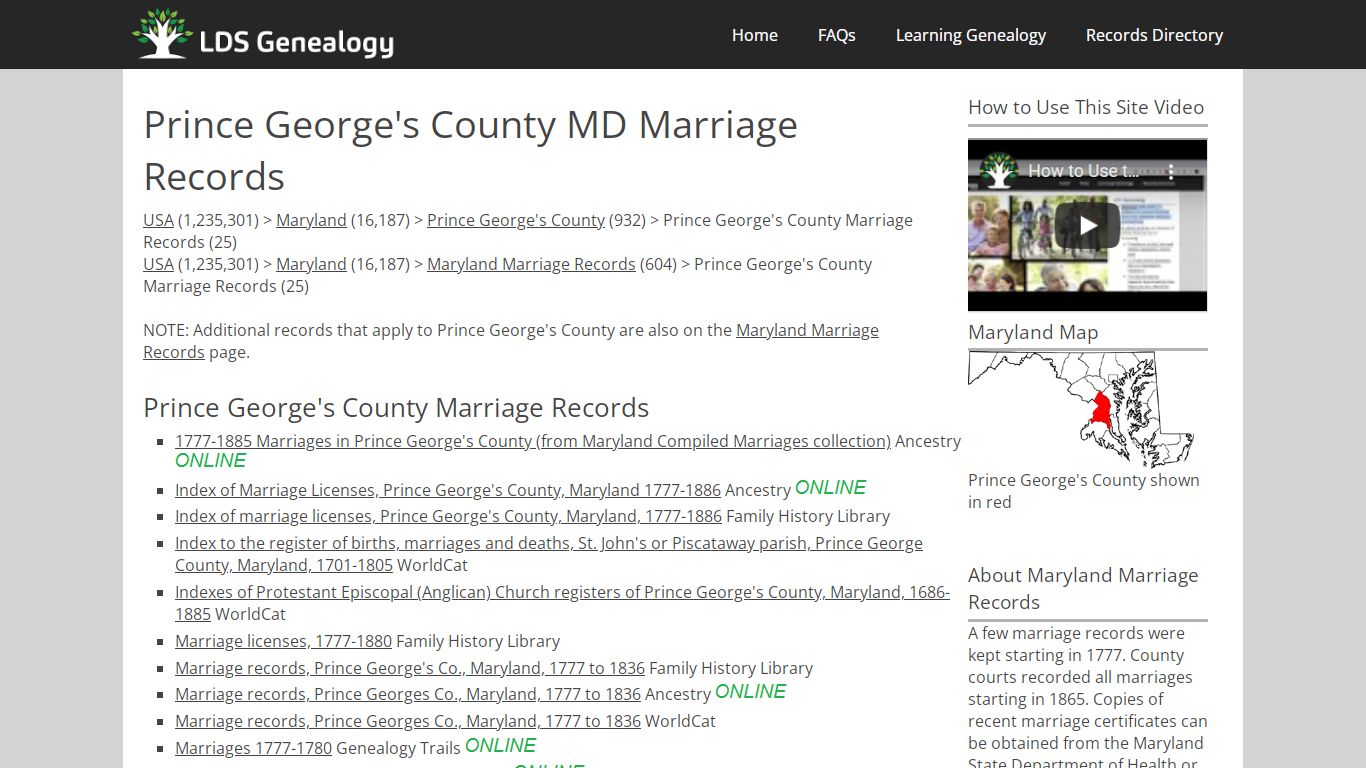 Prince George's County MD Marriage Records - LDS Genealogy